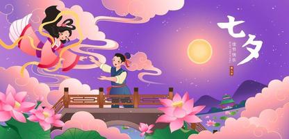 qixi festival bandera. ilustración de tejedor muchachas volador a reunirse vaquero a un puente en loto estanque debajo lleno Luna noche. chino traducción, qixi festival, chino san valentin día vector