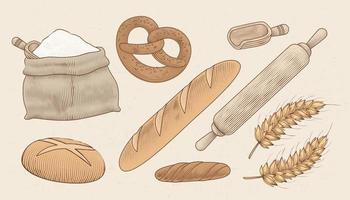 Engraving illustrations of bread, baking utensils, and raw materials for the making process vector