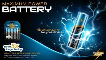 3d Li-Ion AA battery surrounded by electric waves. Banner advertisement designed on a blue-black background vector