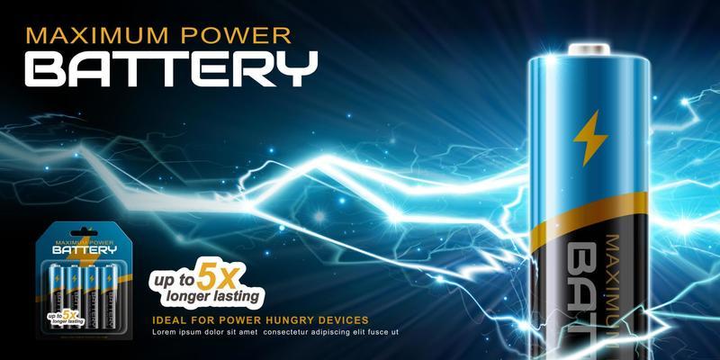 3d Li-Ion AA battery discharging and its electric waves. Banner advertisement designed on a blue-black background