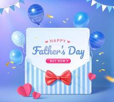 3d sale promo background for happy Father's Day. Layout design of blue stripe envelope with flying balloons. Concept of gratitude for dads. vector