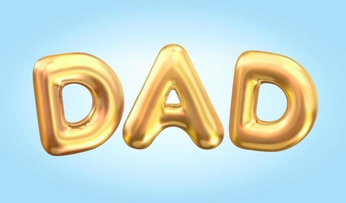 3d balloon typeface design. Gold capital letters of dad written in realistic balloons