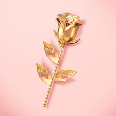 3d golden metallic rose viewed from above. Flower element isolated on pink background, suitable for Mother's Day and Valentine's Day.