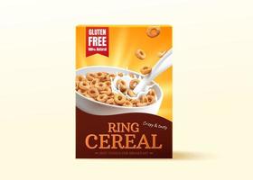 3d realistic carton box package design for ring cereals or cheerios. Product mock up isolated on light yellow background. vector