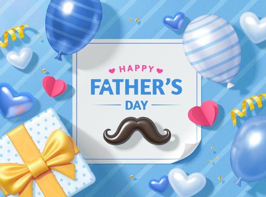 3d happy Father's Day background. Layout design of mustache, gift box and balloons viewed from above. Concept of love and gratitude for dads.