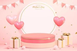 3d product display podium. Composition design with round paper, gift boxes, and heart shape balloons. Minimal pink background for Mother's day and Valentine's Day. vector