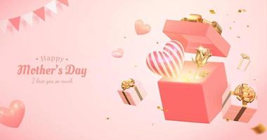 3d pink banner background for Mother's day and Valentine's Day. Composition design with open gift box, heart shape and golden rose. vector