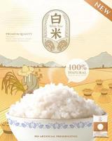 Template of rice product ad. 3d mockup of steamed rice in the ceramics bowl. Engraving sketch of paddy field, sheaves of straw, and a farmer harvesting in the background vector