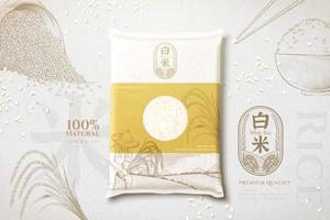 3d rice bag mock up on retro engraving sketch background. Rice ad template features healthy and organic farm products. vector