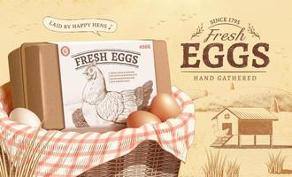 Vintage ad template design for fresh farm product in engraving style. A wooden basket displaying some eggs and a labeled carton. Concept of free-range chicken and fresh farm egg vector