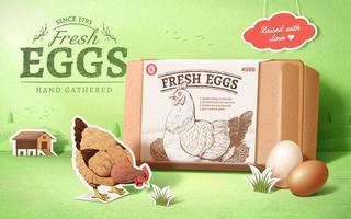 Vintage ad template design for fresh farm product in engraving style. A labeled carton and eggs are displayed in front of some pop-up papers. Concept of free-range chicken and fresh farm egg vector