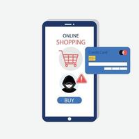 Hacker stealing credit card while hacking shopping online application on smartphone. vector