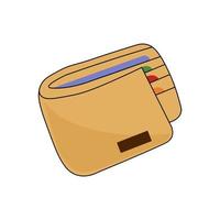 Doodle cartoon man wallet brown color. Pocket purse with credit cards. vector