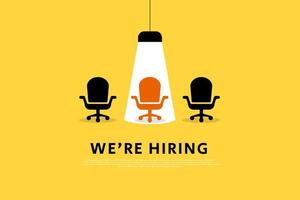 contratación y reclutamiento póster o bandera vector concepto en minimalista estilo con silla . símbolo de vacantes, trabajo ofertas, carrera desarrollo, trabajo anuncio publicitario.