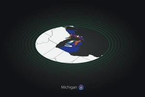 Michigan map in dark color, oval map with neighboring US states. vector