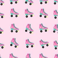 Seamless pattern with roller skate. Pink background. Vintage style. Retro hand drawn laced boots, colorful vector illustration