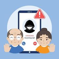 Senior Warning Phone call from unknown number. Scam, fraud or phishing with smartphone concept. vector