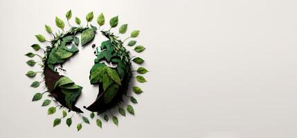 Leaves in forming an eco friendly earth shape, World environment day and Earth day. photo