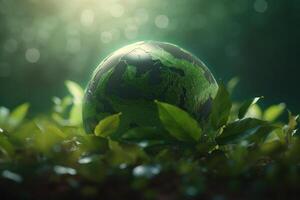 Leaves in forming an eco friendly earth shape green background, World environment day and Earth day. photo