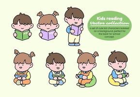 Kids reading vector collection. A set of cute kid characters isolated on a background, perfect for back to school concept.