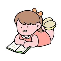 un linda niña personaje, leyendo un libro, estudiando y haciendo tarea, aislado en un fondo, para un De vuelta a la escuela concepto. vector