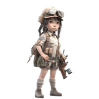 pequeño perder soldado un 3d linda niña en Ejército uniforme png transparente antecedentes
