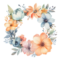 Colorful Watercolor Floral Frame with Blooming Flowers and Leaves. Perfect for Wedding Invitations. PNG Transparent Background