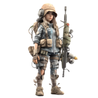 Listo para acción un 3d linda niña Ejército personaje con pistola png transparente antecedentes