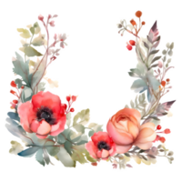 Delicate Floral Wreath with Roses, Dahlias and Eucalyptus Leaves. Hand Painted Watercolor Design. PNG Transparent Background