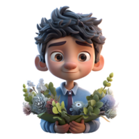 Adventurous 3D Florist Boy with Cactus Ideal for Desert or Travel Inspired Concepts PNG Transparent Background