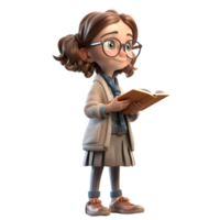 helder hersenen 3d schattig meisje in professor karakter met een boek en bril PNG transparant achtergrond