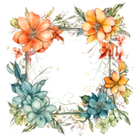 Botanical Flower Frame Design with Wildflowers, Leaves and Branches. Perfect for Spring or Summer Invitations, Greeting Cards, Posters and More. Hand-drawn PNG Transparent Background