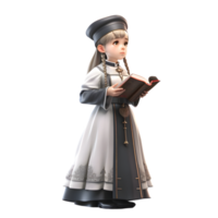 Cute 3D Girl Priest Character with Rosary and Holy Book PNG Transparent Background