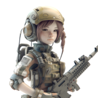 eroe nel uniforme un' 3d carino ragazza esercito personaggio con pistola e coraggio png trasparente sfondo