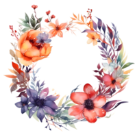 Vibrant watercolor floral wreath with bold pink and orange flowers PNG Transparent Background