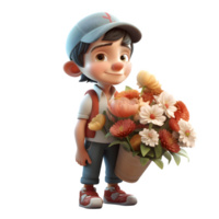 Peaceful 3D Florist Boy with Cherry Blossoms Ideal for Zen or Mindfulness Concepts PNG Transparent Background