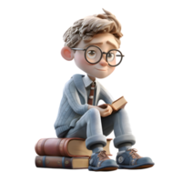 Knowledgeable 3D Boy Librarian with Books and Glasses Perfect for Education or Learning Concepts PNG Transparent Background