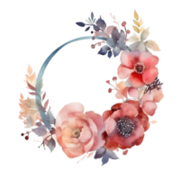 Delicate Floral Wreath with Roses, Dahlias and Eucalyptus Leaves. Hand Painted Watercolor Design. PNG Transparent Background