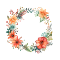 Colorful Watercolor Floral Frame with Blooming Flowers and Leaves. Perfect for Wedding Invitations. PNG Transparent Background