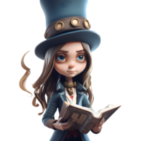 Enchanting 3D Fantasy Magician Girl with a Spellbook PNG Transparent Background