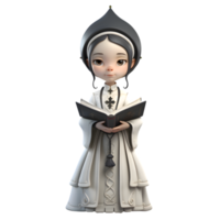 3D Model of Cute Female Priest Holding a Holy Book and Rosary PNG Transparent Background