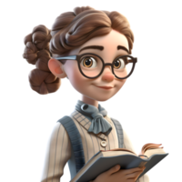 deskundig schattig 3d schattig meisje in professor karakter met een boek en bril PNG transparant achtergrond