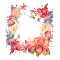 Delicate Floral Wreath with Roses, Dahlias and Eucalyptus Leaves. Hand Painted Watercolor Design. PNG Transparent Background