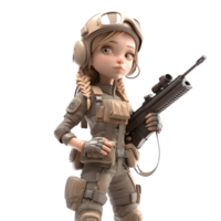 coraggioso nel uniforme un' 3d carino ragazza esercito personaggio con pistola png trasparente sfondo