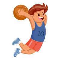 Cute youngboy cartoon character playing basketball, Cute youngboy jump to do a slam dunk. Vector illustration