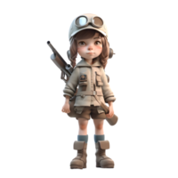 Marching On A 3D Cute Girl in Army Uniform with Gun PNG Transparent Background