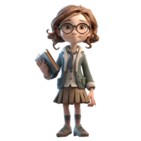 Learned Lady 3D Cute Girl in Professor Character holding Book and wearing Glasses PNG Transparent Background