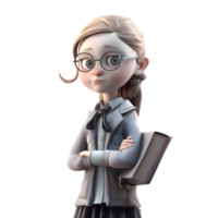 livresco amor 3d fofa menina dentro professor personagem com uma livro e óculos png transparente fundo