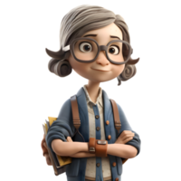 Wise Woman 3D Cute Girl in Professor Character holding Book and wearing Glasses PNG Transparent Background