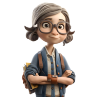 sage femme 3d mignonne fille dans professeur personnage en portant livre et portant des lunettes png transparent Contexte